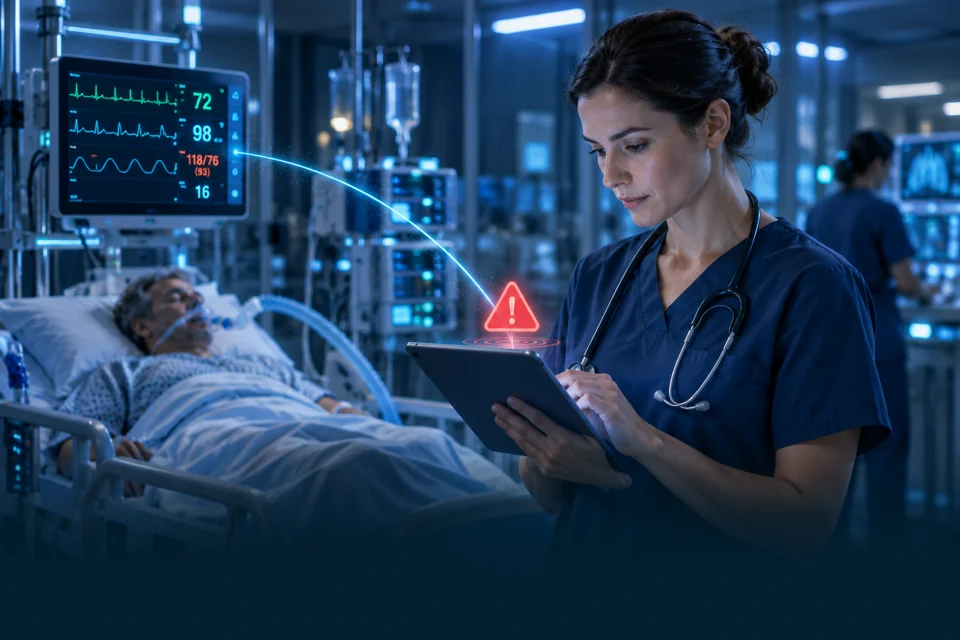 Une infirmière reçoit une alerte ciblée liée au monitorage du patient.