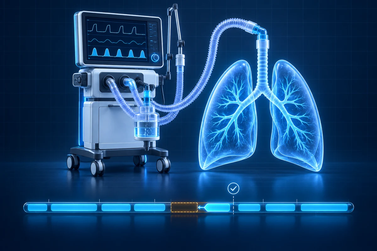 Ventilateur et poumons reliés à une chronologie de périodes ventilatoires à compléter