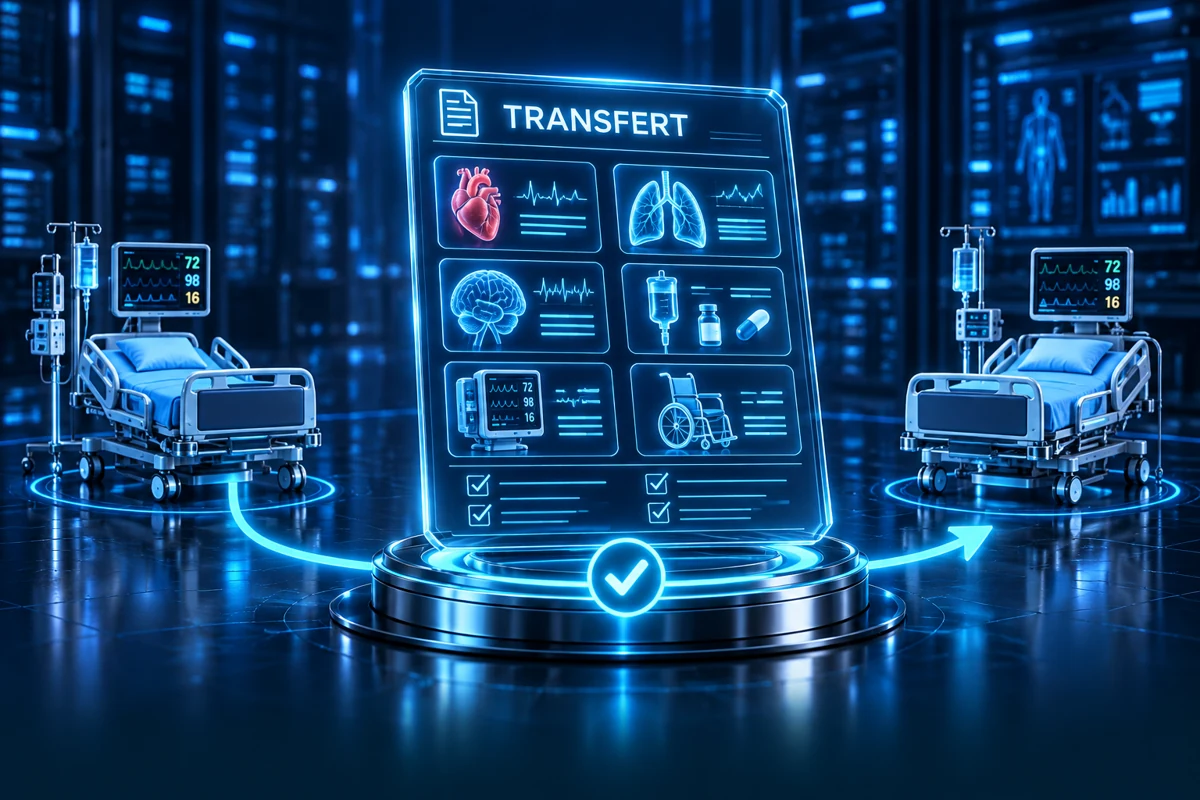 Rapport de transfert avec respiration, monitorage, neurologie, traitements, équipements et mobilité