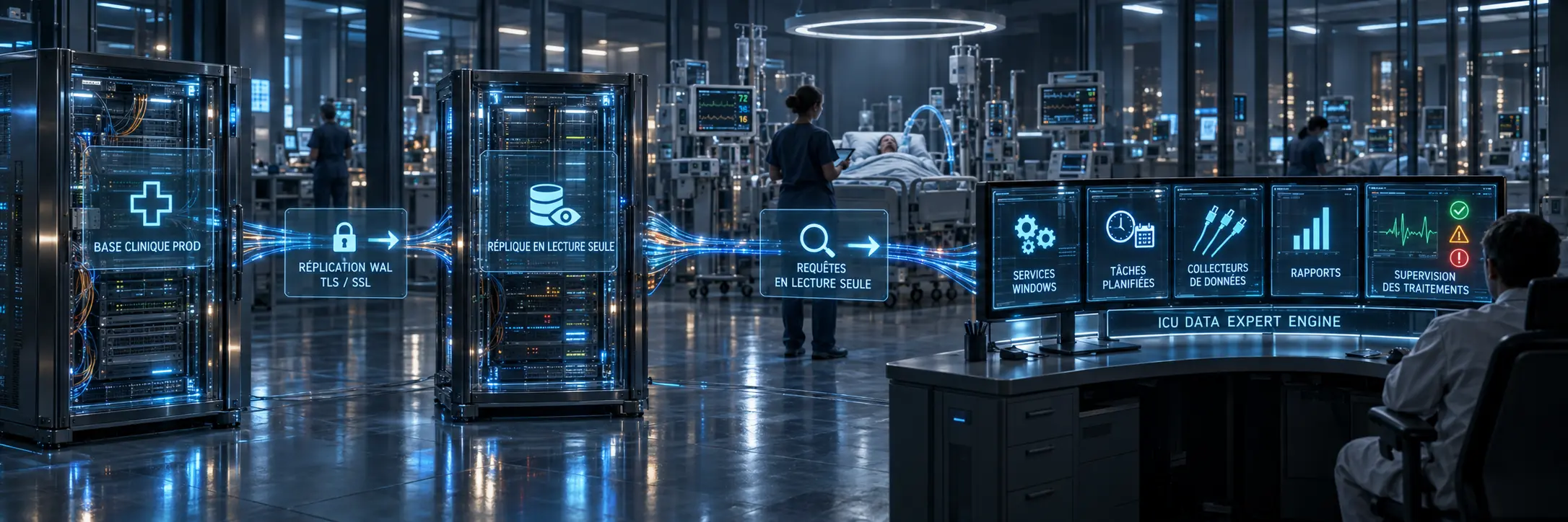 Die klinische PROD-Datenbank repliziert ihre Daten über verschlüsseltes WAL in eine schreibgeschützte Kopie. Nur diese Datenbank fragt ICU DATA EXPERT für Windows-Dienste, geplante Aufgaben, Kollektoren, Berichte und Überwachungsprozesse ab