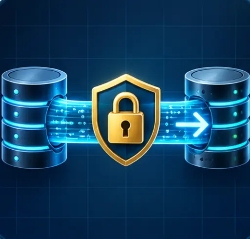 Zwei Datenbanken, verbunden durch einen mit TLS/SSL verschlüsselten Datenfluss