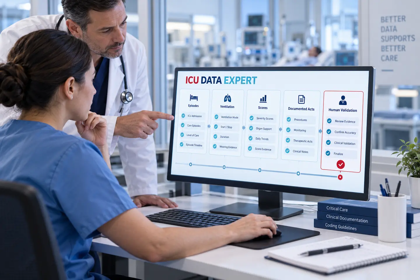Spécialiste du codage contrôlant avec un médecin le document SWISS DRG dans ICU DATA EXPERT