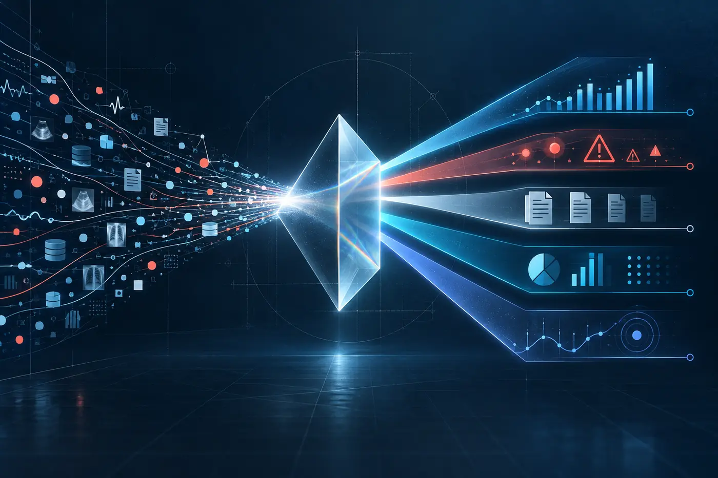 Les flux cliniques traversent le moteur ICU DATA EXPERT et deviennent scores, alertes, documents et tableaux de bord