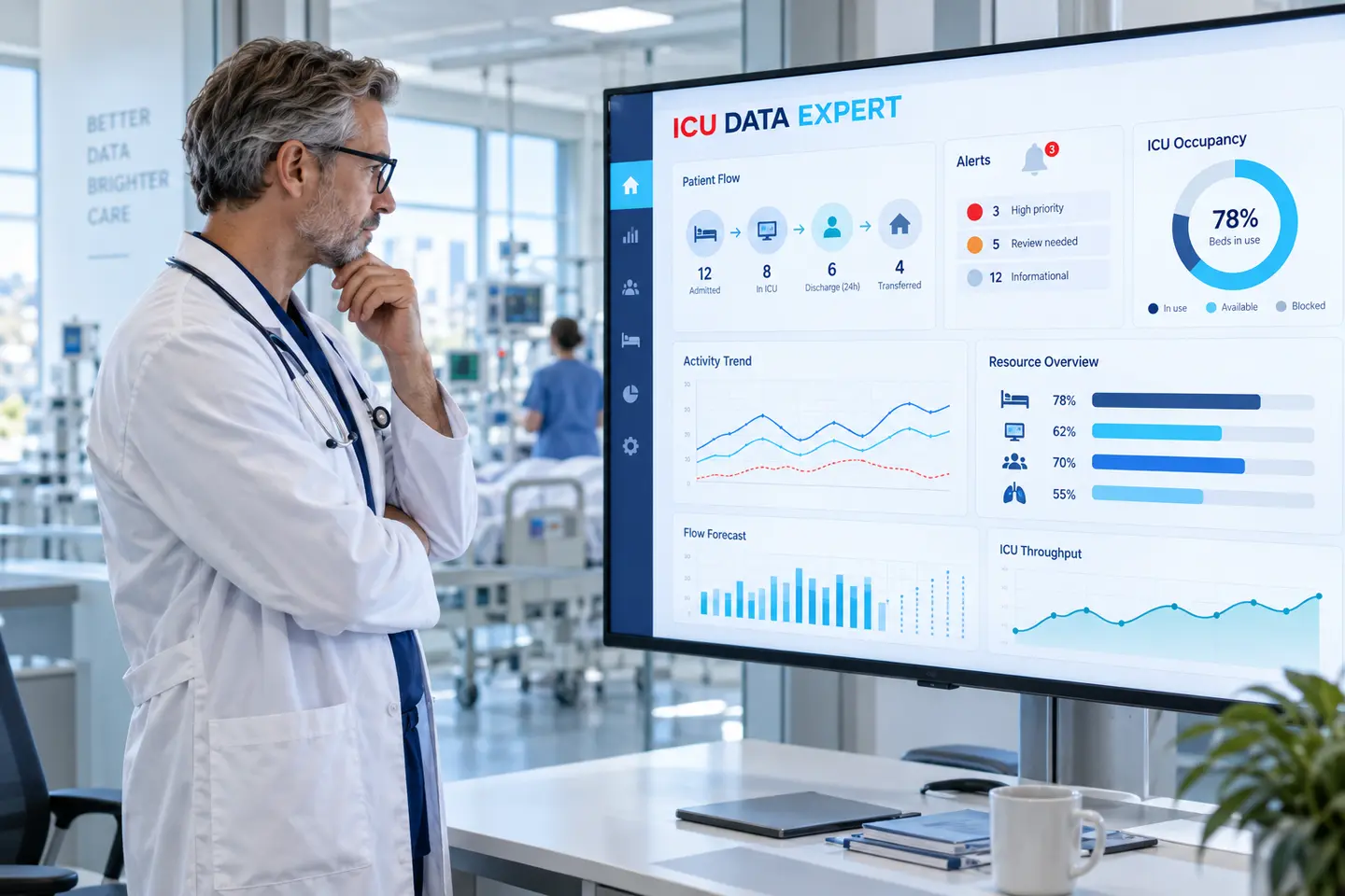 Médecin référent consultant un tableau de bord ICU DATA EXPERT adapté à son service