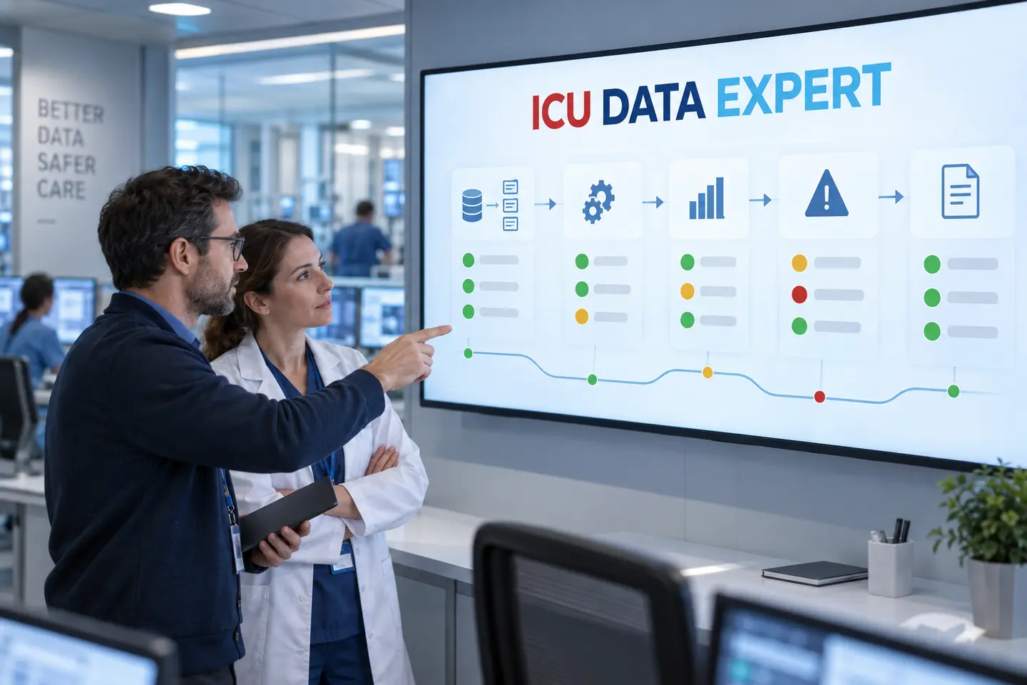 Référente clinique et ingénieur devant le centre de supervision ICU DATA EXPERT