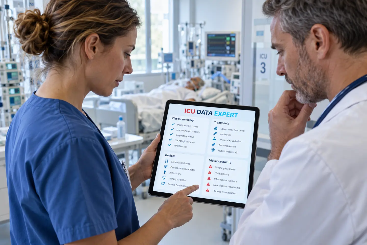 Équipes soignantes consultant le rapport de transfert ICU DATA EXPERT