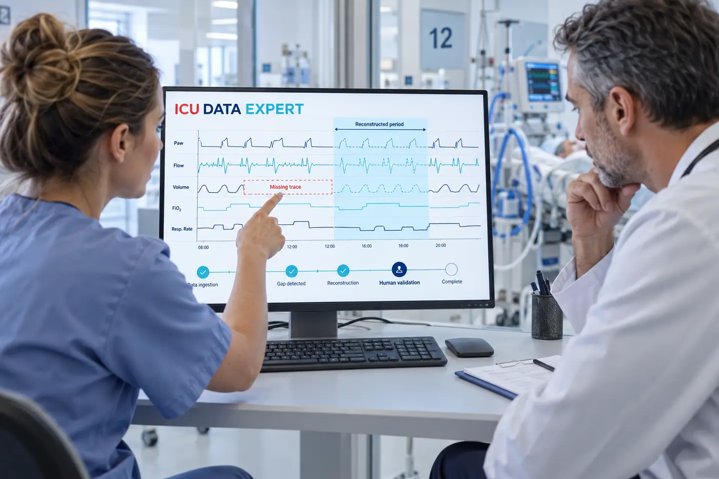 Médecins analysant dans ICU DATA EXPERT une chronologie comportant une suspicion de période de ventilation manquante