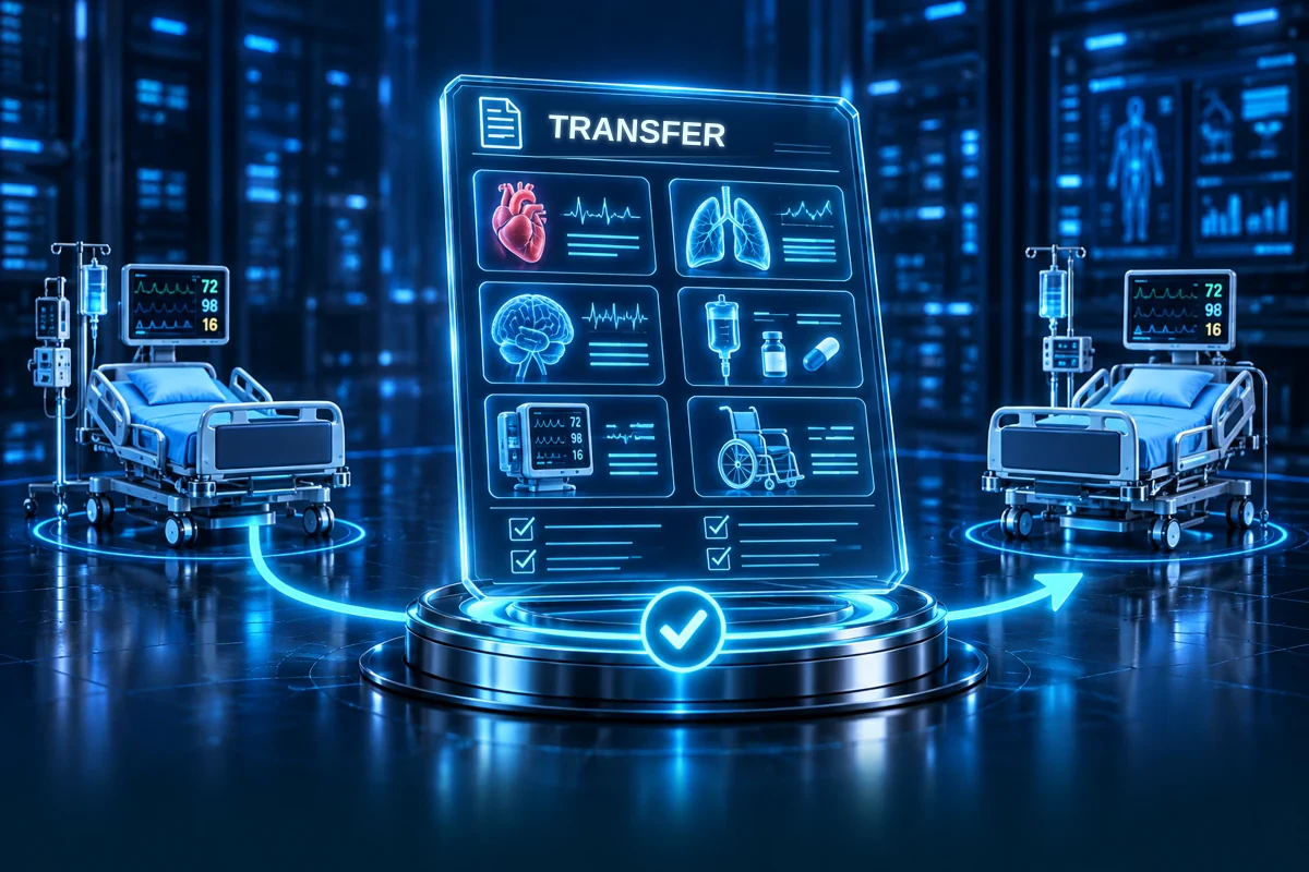Transfer report with respiration, monitoring, neurology, treatments, devices and mobility