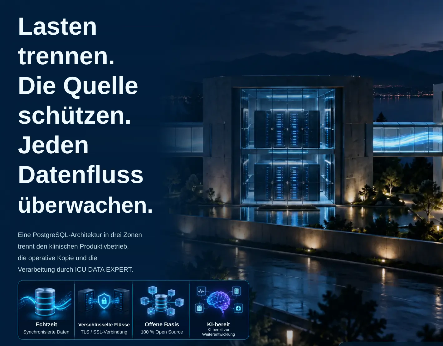 PostgreSQL-Architektur in drei Zonen: Echtzeit, verschlüsselte Datenflüsse, vollständig quelloffene Basis und Offenheit für die KI-Weiterentwicklung