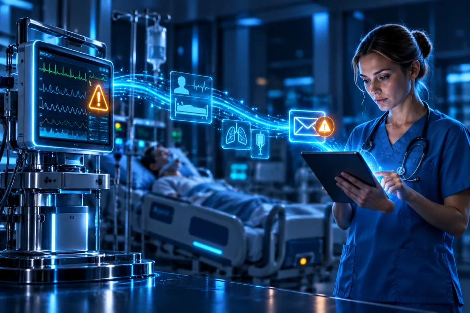 Alerte du moniteur transmise à la tablette d’une infirmière.