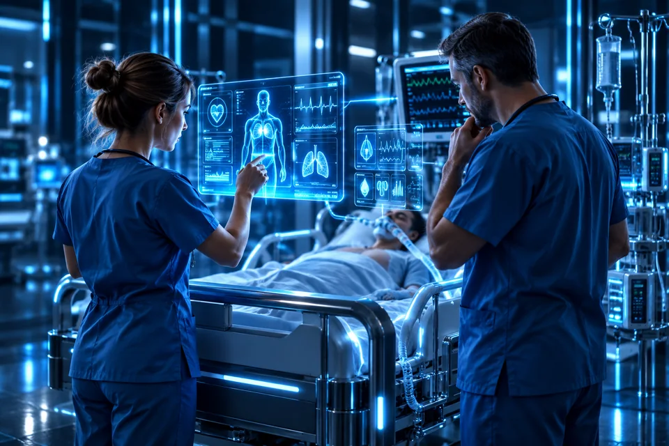 Infirmière et médecin suivant les données du patient au lit de soins intensifs.