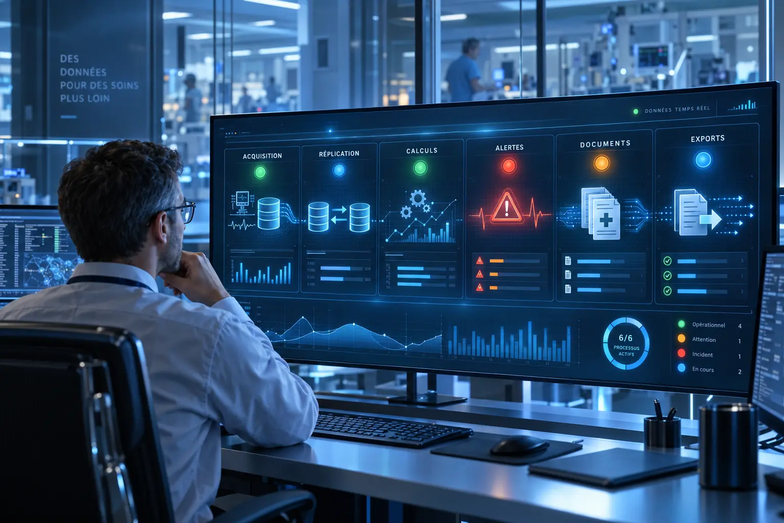 IT-Fachperson überwacht Erfassung, Replikation, Berechnungen, Alarme sowie Dokumenterstellung und -export von ICU DATA EXPERT in Echtzeit