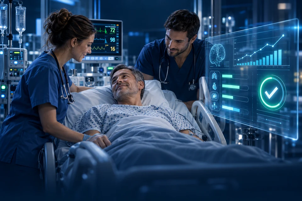 Équipe soignante accompagnant un patient avec des indicateurs de qualité