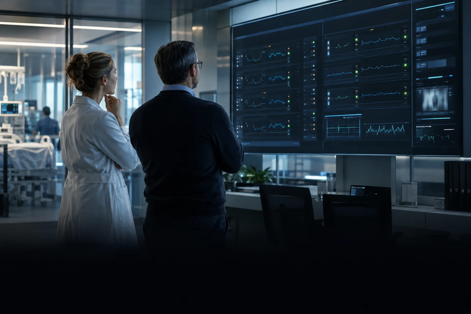 Référente clinique et ingénieur devant le centre de supervision ICU DATA EXPERT
