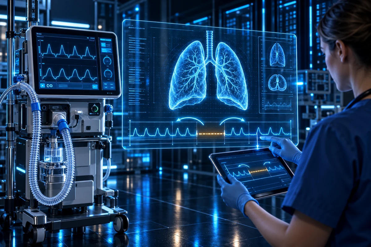 Vérification des périodes ventilées sur un dossier respiratoire, à côté d’un ventilateur.