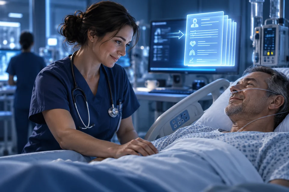Soignante disponible auprès du patient pendant la préparation automatique du rapport